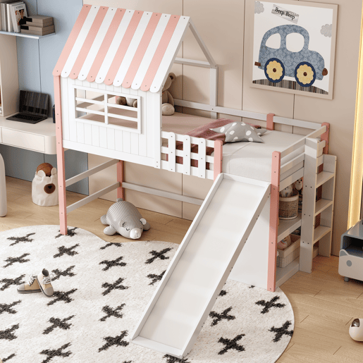 Cama alta infantil 90x200 cm - design ático, escada e rampa de segurança, prateleiras multifuncionais - rosa