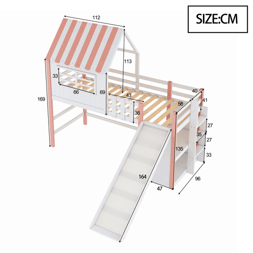 Cama alta infantil 90x200 cm - design ático, escada e rampa de segurança, prateleiras multifuncionais - rosa