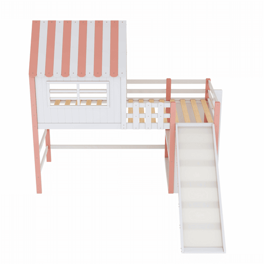 Cama alta infantil 90x200 cm - design ático, escada e rampa de segurança, prateleiras multifuncionais - rosa