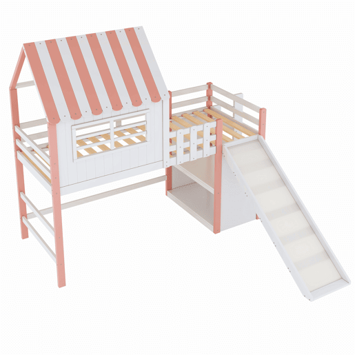 Cama alta infantil 90x200 cm - design ático, escada e rampa de segurança, prateleiras multifuncionais - rosa