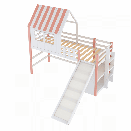 Cama alta infantil 90x200 cm - design ático, escada e rampa de segurança, prateleiras multifuncionais - rosa