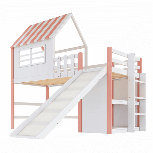 Cama alta infantil 90x200 cm - design ático, escada e rampa de segurança, prateleiras multifuncionais - rosa