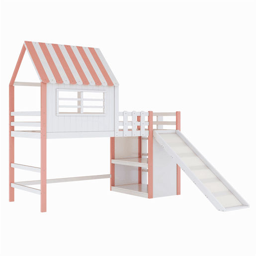 Cama alta infantil 90x200 cm - design ático, escada e rampa de segurança, prateleiras multifuncionais - rosa