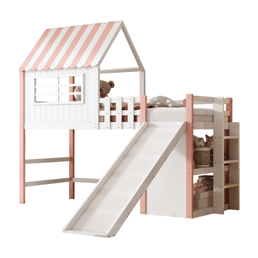 Cama alta infantil 90x200 cm - design ático, escada e rampa de segurança, prateleiras multifuncionais - rosa