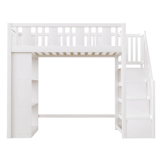 Cama alta 90x200 cm - Cama infantil com escada de arrumação, cama multifuncional com grandes compartimentos, cama juvenil em madeira - Branco
