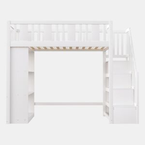 Cama alta 90x200 cm - Cama infantil com escada de arrumação, cama multifuncional com grandes compartimentos, cama juvenil em madeira - Branco