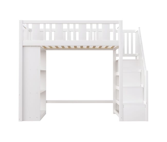 Cama alta 90x200 cm - cama infantil con escalera de almacenamiento, cama multifuncional con grandes compartimentos, cama juvenil de madera - blanco