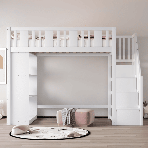 Cama alta 90x200 cm - Cama infantil com escada de arrumação, cama multifuncional com grandes compartimentos, cama juvenil em madeira - Branco