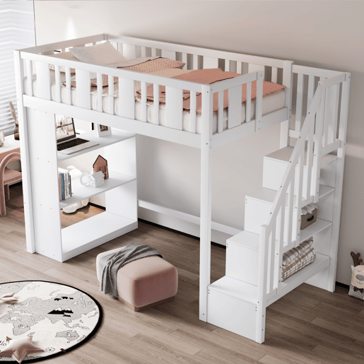 Cama alta 90x200 cm - Cama infantil com escada de arrumação, cama multifuncional com grandes compartimentos, cama juvenil em madeira - Branco