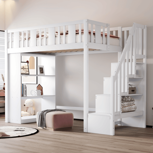 Cama alta 90x200 cm - Cama infantil com escada de arrumação, cama multifuncional com grandes compartimentos, cama juvenil em madeira - Branco