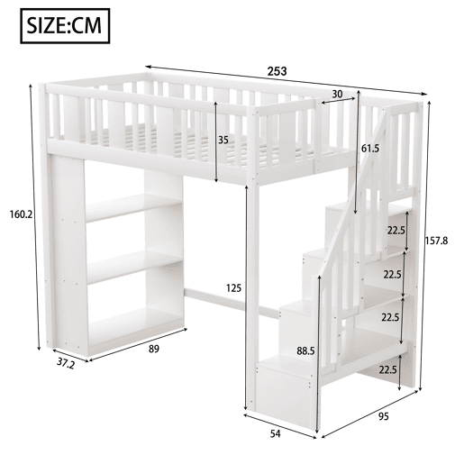 Cama alta 90x200 cm - Cama infantil com escada de arrumação, cama multifuncional com grandes compartimentos, cama juvenil em madeira - Branco