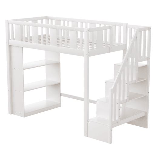 Cama alta 90x200 cm - Cama infantil com escada de arrumação, cama multifuncional com grandes compartimentos, cama juvenil em madeira - Branco