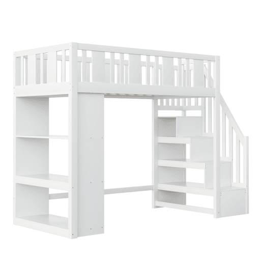 Cama alta 90x200 cm - Cama infantil com escada de arrumação, cama multifuncional com grandes compartimentos, cama juvenil em madeira - Branco
