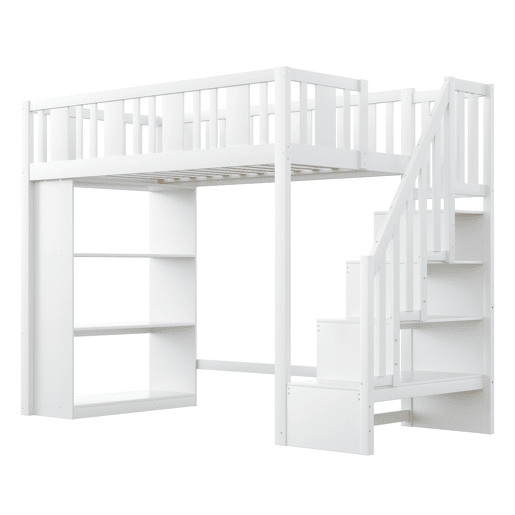Cama alta 90x200 cm - Cama infantil com escada de arrumação, cama multifuncional com grandes compartimentos, cama juvenil em madeira - Branco