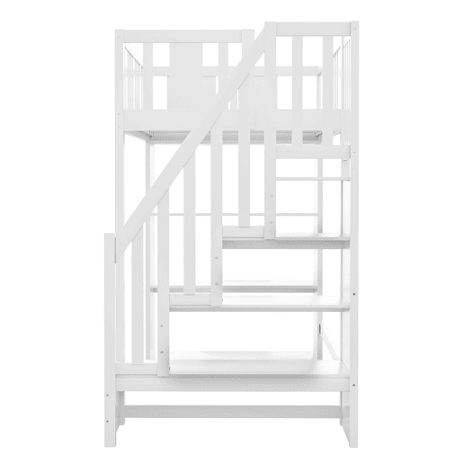 Cama alta 90x200 cm - Cama infantil com escada de arrumação, cama multifuncional com grandes compartimentos, cama juvenil em madeira - Branco