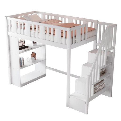 Cama alta 90x200 cm - Cama infantil com escada de arrumação, cama multifuncional com grandes compartimentos, cama juvenil em madeira - Branco