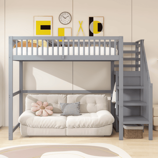 Cama mezzanine em madeira 90x200cm - com roupeiro - Cinzento