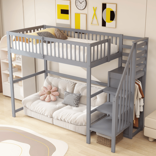 Cama mezzanine em madeira 90x200cm - com roupeiro - Cinzento