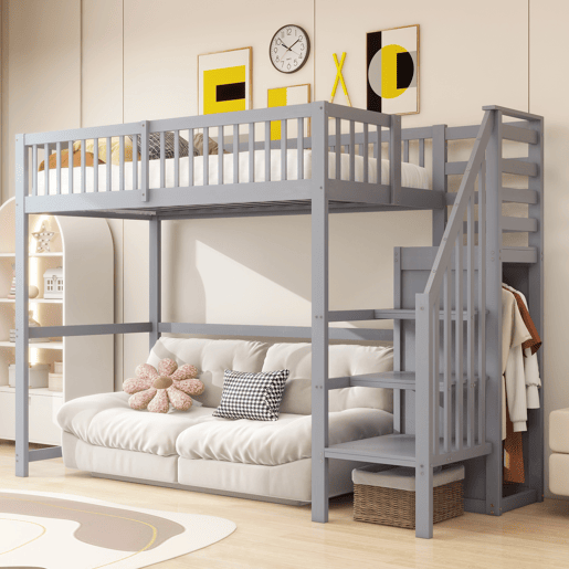Cama mezzanine em madeira 90x200cm - com roupeiro - Cinzento
