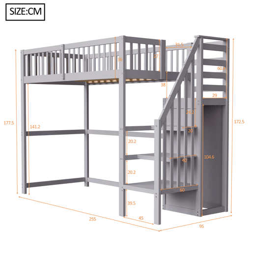 Cama mezzanine em madeira 90x200cm - com roupeiro - Cinzento