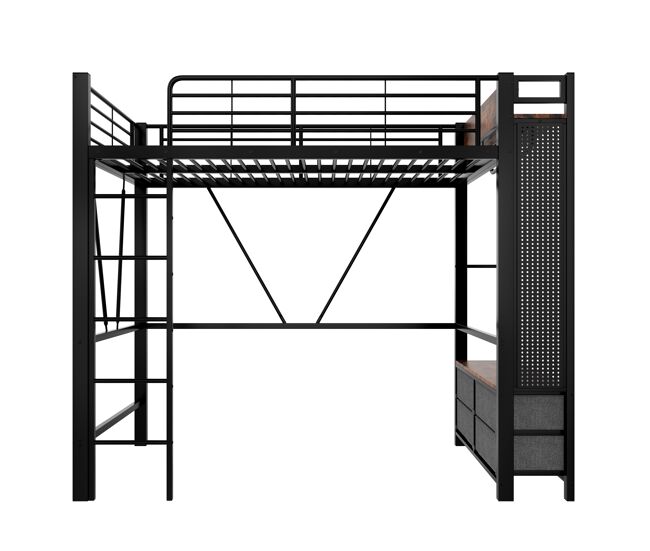 Cama alta 90x200 cm - estructura hierro, barra para secar, estantes, 4 cajones, usb+type-c, led, barandilla, escalera, tablero perforado - negro