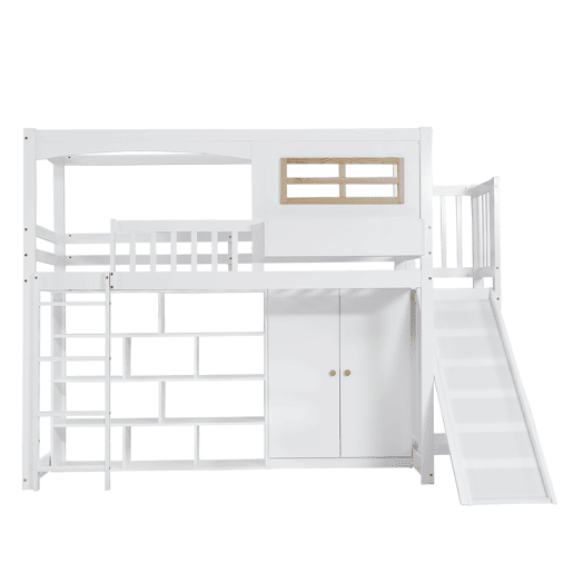 Cama alta em madeira e MDF - 90x200 cm - com prateleiras, roupeiro e escorrega - Branco Cama alta em madeira e MDF - 90x200 cm - com prateleiras, roupeiro e escorrega - Branco