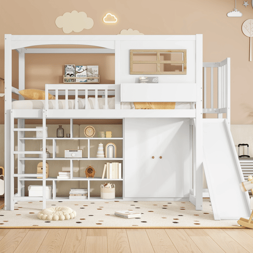 Cama alta em madeira e MDF - 90x200 cm - com prateleiras, roupeiro e escorrega - Branco Cama alta em madeira e MDF - 90x200 cm - com prateleiras, roupeiro e escorrega - Branco