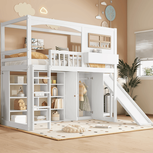 Cama alta em madeira e MDF - 90x200 cm - com prateleiras, roupeiro e escorrega - Branco Cama alta em madeira e MDF - 90x200 cm - com prateleiras, roupeiro e escorrega - Branco