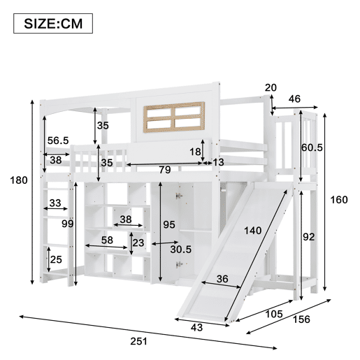 Cama alta em madeira e MDF - 90x200 cm - com prateleiras, roupeiro e escorrega - Branco Cama alta em madeira e MDF - 90x200 cm - com prateleiras, roupeiro e escorrega - Branco