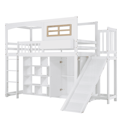 Cama alta em madeira e MDF - 90x200 cm - com prateleiras, roupeiro e escorrega - Branco Cama alta em madeira e MDF - 90x200 cm - com prateleiras, roupeiro e escorrega - Branco