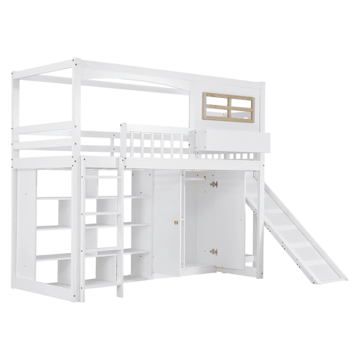 Cama alta em madeira e MDF - 90x200 cm - com prateleiras, roupeiro e escorrega - Branco Cama alta em madeira e MDF - 90x200 cm - com prateleiras, roupeiro e escorrega - Branco