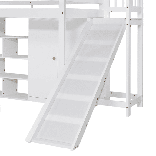 Cama alta em madeira e MDF - 90x200 cm - com prateleiras, roupeiro e escorrega - Branco Cama alta em madeira e MDF - 90x200 cm - com prateleiras, roupeiro e escorrega - Branco