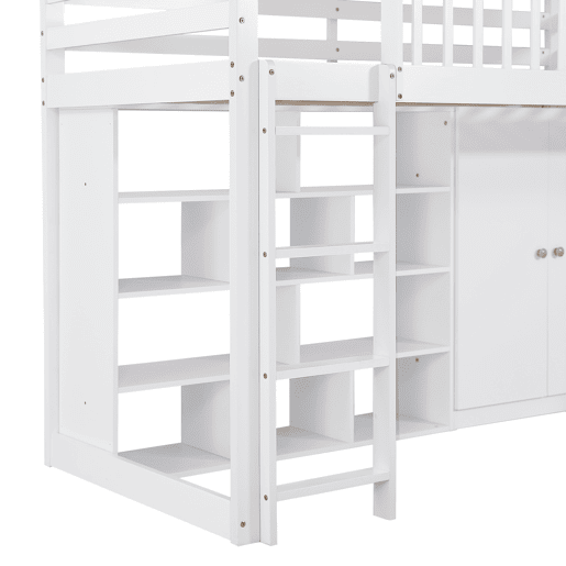 Cama alta em madeira e MDF - 90x200 cm - com prateleiras, roupeiro e escorrega - Branco Cama alta em madeira e MDF - 90x200 cm - com prateleiras, roupeiro e escorrega - Branco