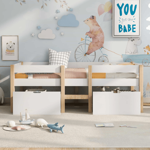 Cama mezzanine em pinho maciço com gavetas - 90x190 cm - Branco