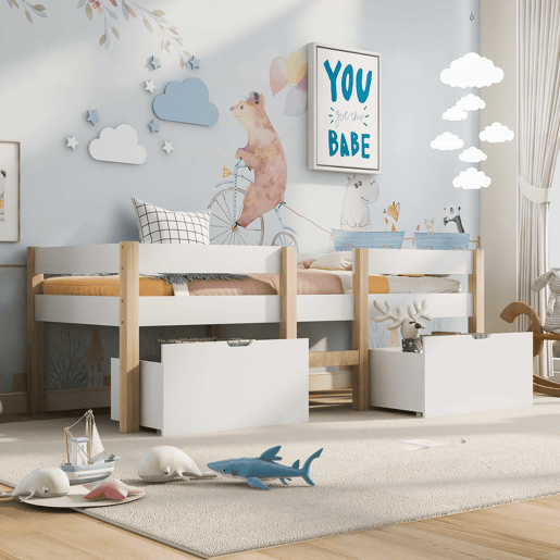 Cama mezzanine em pinho maciço com gavetas - 90x190 cm - Branco