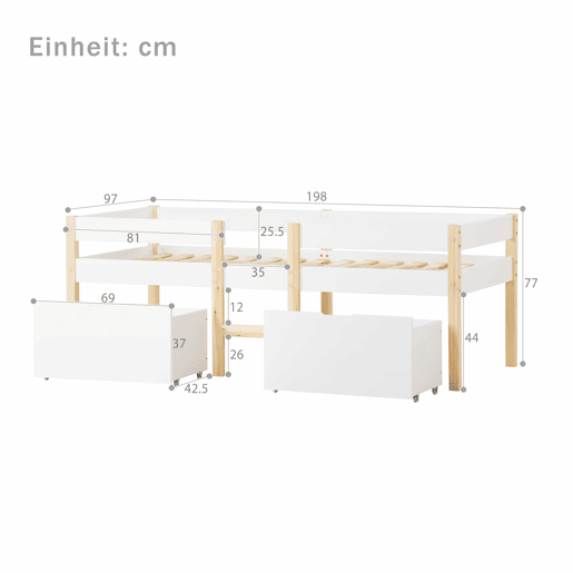 Cama mezzanine em pinho maciço com gavetas - 90x190 cm - Branco