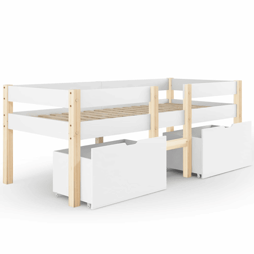 Cama mezzanine em pinho maciço com gavetas - 90x190 cm - Branco