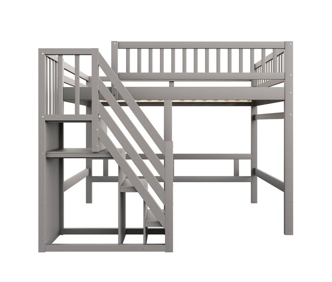 Cama alta de madera maciza 140x200 - con escalera, armario de almacenamiento y barandilla alta, cama para niños y jóvenes - gris