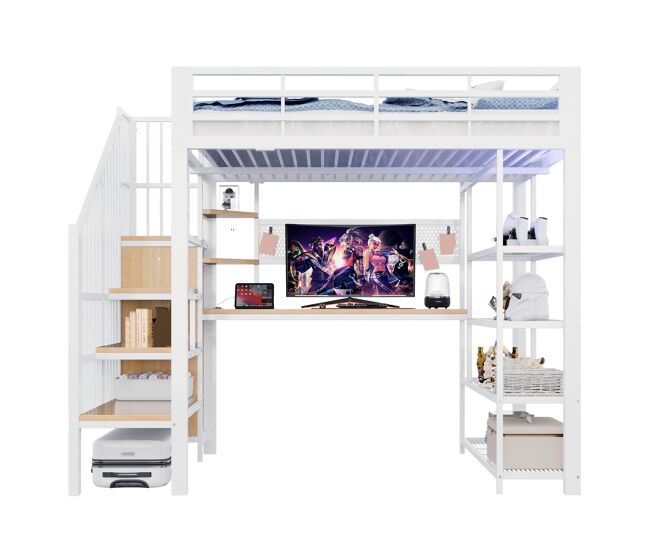 Cama alta metálica 140x200 - escritorio largo, panel perforado, estantería triangular, enchufes europeos, luz led, estantes múltiples, barandilla alta