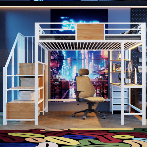 Cama alta 140x200 - metálica com secretária, prateleiras, varão para roupa, luz LED e tomada - branca Cama alta 140x200 - metálica com secretária, prateleiras, varão para roupa, luz LED e tomada - branca