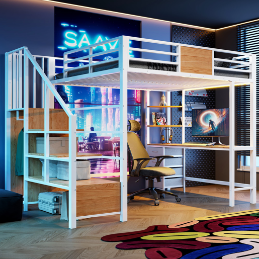 Cama alta 140x200 - metálica com secretária, prateleiras, varão para roupa, luz LED e tomada - branca Cama alta 140x200 - metálica com secretária, prateleiras, varão para roupa, luz LED e tomada - branca