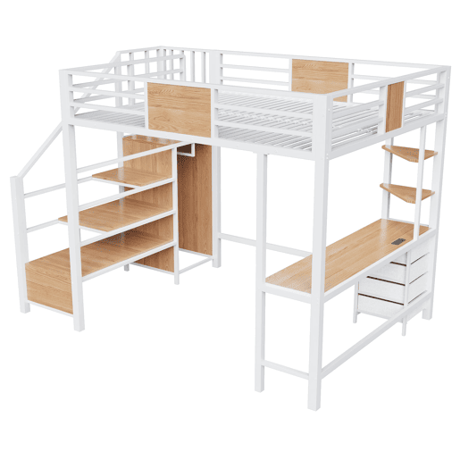 Cama alta 140x200 - metálica com secretária, prateleiras, varão para roupa, luz LED e tomada - branca Cama alta 140x200 - metálica com secretária, prateleiras, varão para roupa, luz LED e tomada - branca