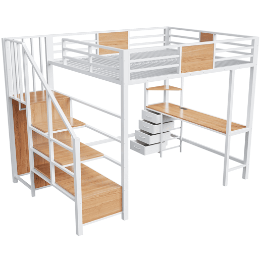 Cama alta 140x200 - metálica com secretária, prateleiras, varão para roupa, luz LED e tomada - branca Cama alta 140x200 - metálica com secretária, prateleiras, varão para roupa, luz LED e tomada - branca