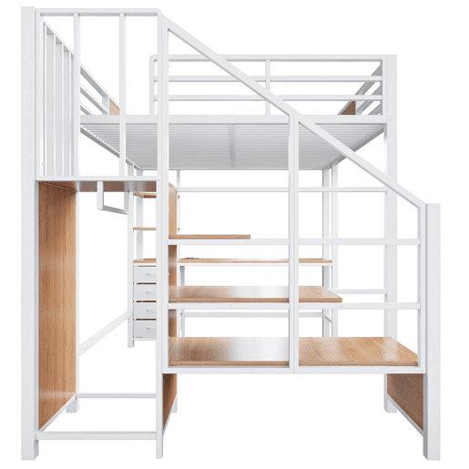 Cama alta 140x200 - metálica com secretária, prateleiras, varão para roupa, luz LED e tomada - branca Cama alta 140x200 - metálica com secretária, prateleiras, varão para roupa, luz LED e tomada - branca