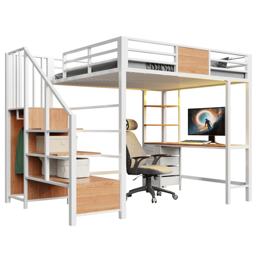 Cama alta 140x200 - metálica com secretária, prateleiras, varão para roupa, luz LED e tomada - branca Cama alta 140x200 - metálica com secretária, prateleiras, varão para roupa, luz LED e tomada - branca