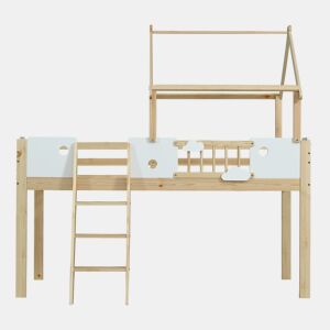 Cama alta 90x200cm - Com proteção contra quedas, design de teto, escada de 3 degraus - Branco + Natural