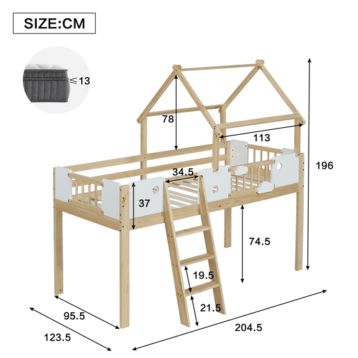 Cama alta 90x200cm - Com proteção contra quedas, design de teto, escada de 3 degraus - Branco + Natural