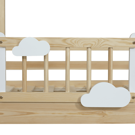 Cama alta 90x200cm - Com proteção contra quedas, design de teto, escada de 3 degraus - Branco + Natural