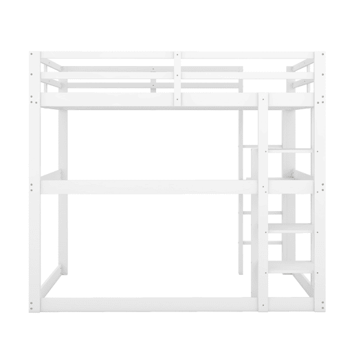 Cama alta infantil 140x200 cm - estrutura em pinho com arrumação, 4 prateleiras e secretária - branco