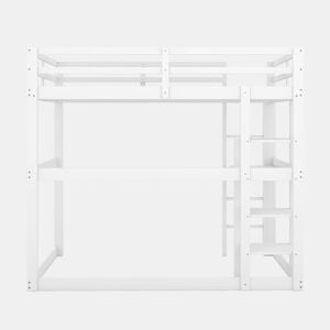 Cama alta infantil 140x200 cm - estrutura em pinho com arrumação, 4 prateleiras e secretária - branco